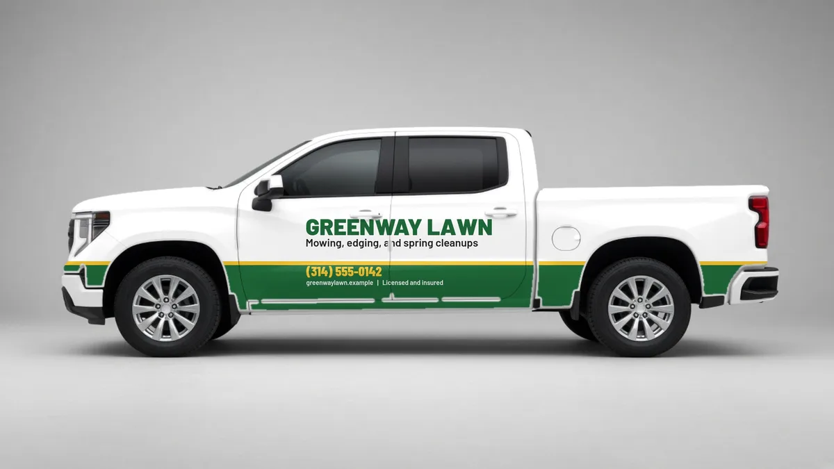Clean pickup truck wrap concept for Greenway Lawn, a sample business, in the two-tone style