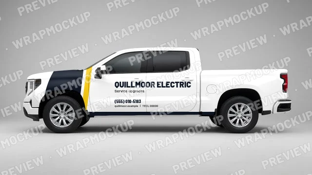 Color block electrician pickup truck lettering concept for Quillmoor Electric, a fictional company, black front block and yellow stripe