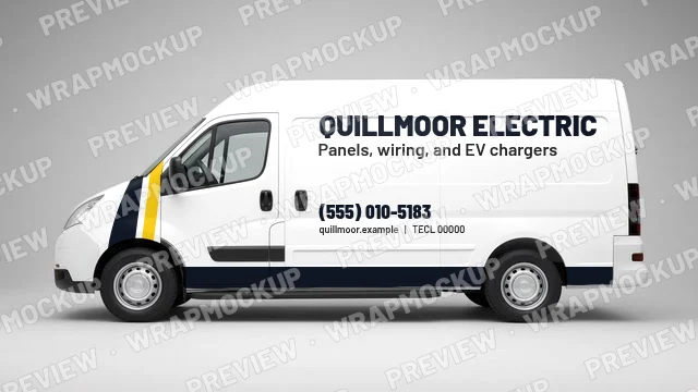 Color block electrician van wrap concept for Quillmoor Electric, a fictional company, black front block with yellow accent and TECL license line