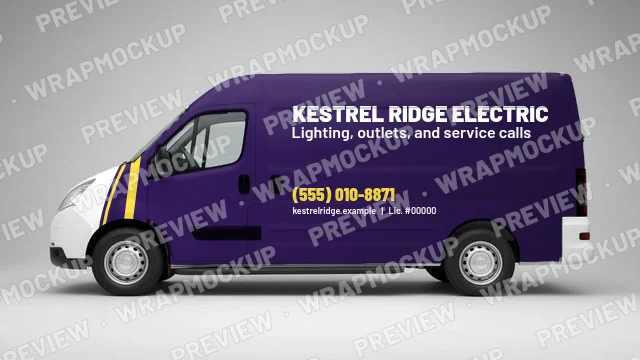 Full color electrician van wrap concept for Kestrel Ridge Electric, a fictional company, purple body with yellow accent stripe and white lettering
