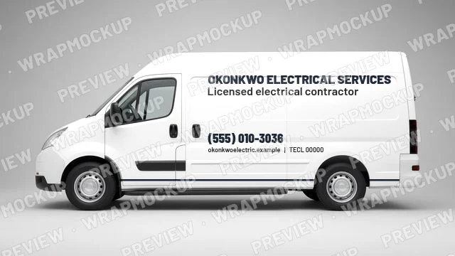 Minimal electrician van lettering concept for Okonkwo Electrical Services, a fictional company, dark text and red phone number on a white van with TECL license line