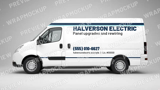 Stripe style electrician van wrap concept for Halverson Electric, a fictional company, navy and cyan stripes on a white van