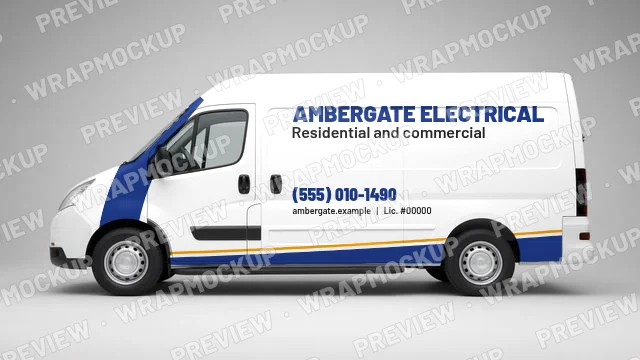 Swoosh style electrician van wrap concept for Ambergate Electrical, a fictional company, blue swoosh with orange accent on a white van