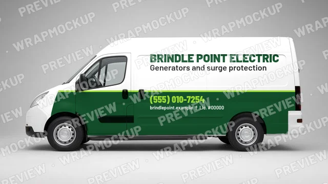 Two-tone electrician van wrap concept for Brindle Point Electric, a fictional company, green lower panels and lime phone number for generators and surge protection