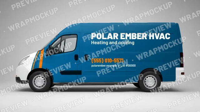 Full color HVAC van wrap concept for Polar Ember HVAC, a fictional company, with a blue body and orange accent stripe