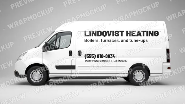 Minimal HVAC van lettering concept for Lindqvist Heating, a fictional company, black and orange text on a white cargo van