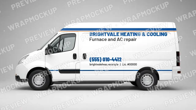 Stripe style HVAC van wrap concept for Brightvale Heating and Cooling, a fictional company, with a blue and orange stripe on a white cargo van