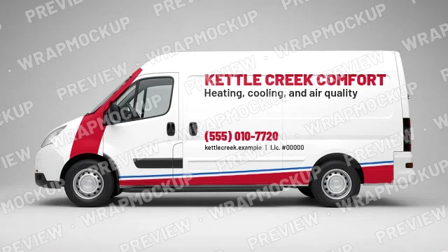 Swoosh style HVAC van wrap concept for Kettle Creek Comfort, a fictional company, with a red swoosh on a white cargo van