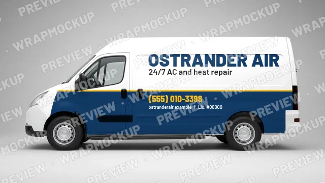 Two-tone HVAC van wrap concept for Ostrander Air, a fictional company, with navy lower panels and yellow phone number