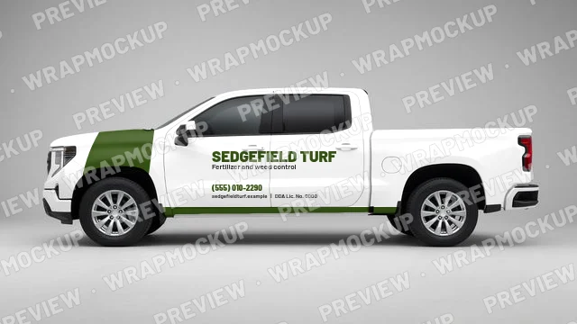 Color block lawn care pickup wrap concept for Sedgefield Turf, a fictional company, green front block with fertilizer and weed control tagline and pesticide license line