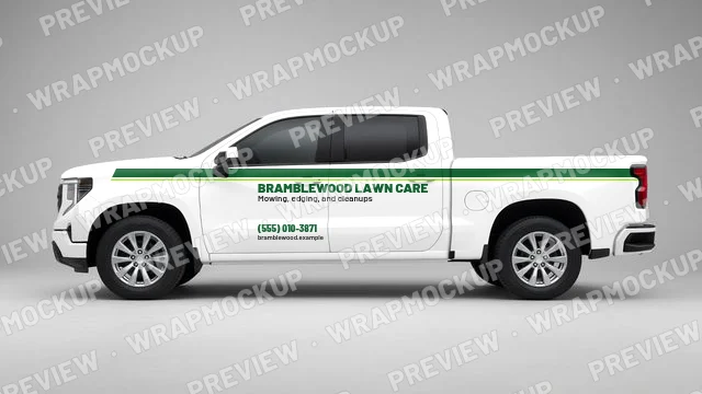 Stripe style lawn care pickup wrap concept for Bramblewood Lawn Care, a fictional company, green and lime stripes on a white truck