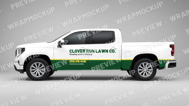 Two-tone lawn care pickup wrap concept for Clover Run Lawn Co., a fictional company, dark green lower panels and yellow accent