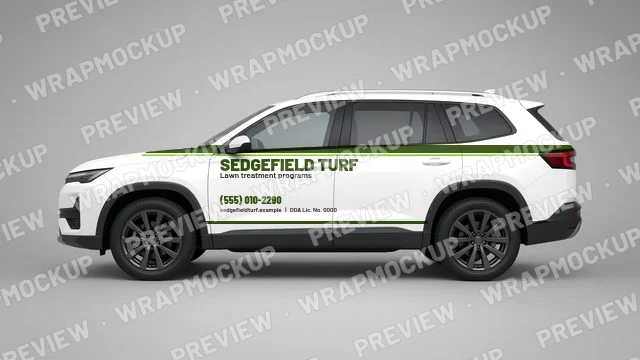 Stripe style lawn care SUV wrap concept for Sedgefield Turf, a fictional company, green stripe on a white SUV with lawn treatment programs tagline