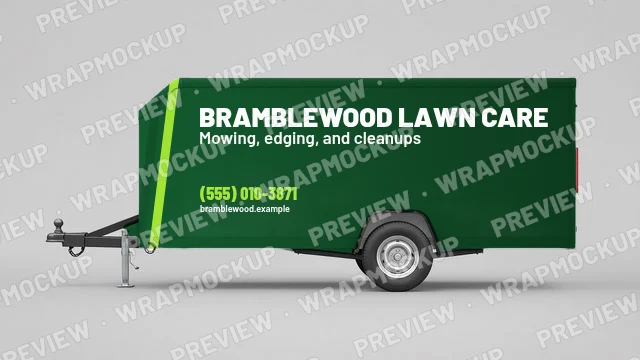 Full color lawn care trailer wrap concept for Bramblewood Lawn Care, a fictional company, green enclosed trailer with white name and lime phone number