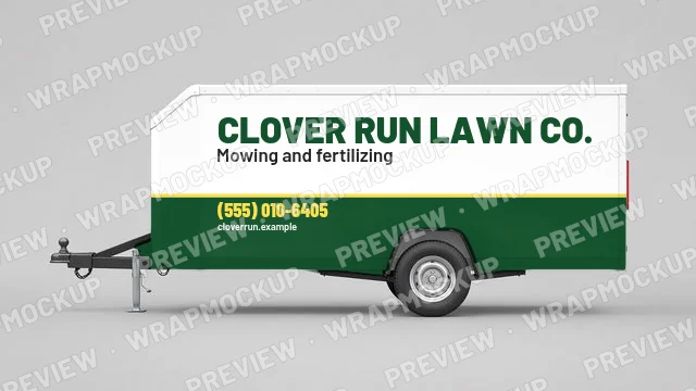 Two-tone lawn care trailer wrap concept for Clover Run Lawn Co., a fictional company, white upper wall with name and green lower wall
