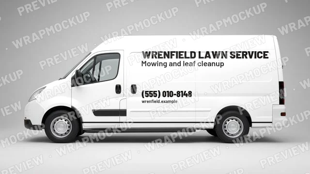 Minimal lawn care van lettering concept for Wrenfield Lawn Service, a fictional company, black name and green phone number on a white van