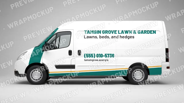 Swoosh style lawn care van wrap concept for Tamsin Grove Lawn and Garden, a fictional company, teal swoosh with orange accent on a white van