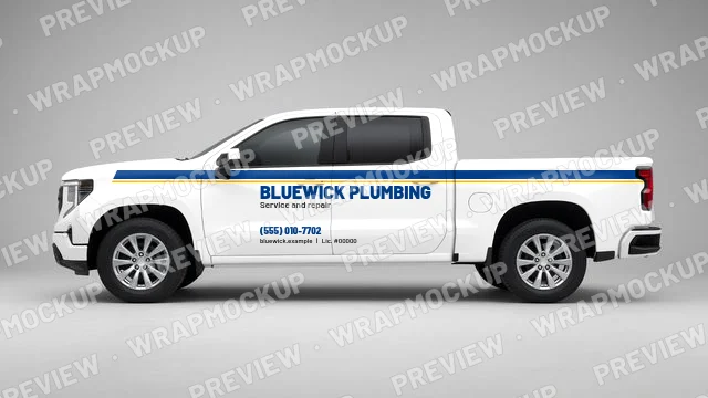 Stripe style plumbing pickup truck lettering concept for Bluewick Plumbing, a fictional company