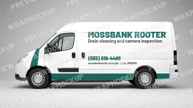 Color block plumbing van wrap concept for Mossbank Rooter, a fictional company, teal front block and white body with drain cleaning tagline
