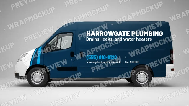 Full color plumbing van wrap concept for Harrowgate Plumbing, a fictional company, navy body with a light blue accent and white lettering
