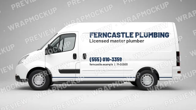 Minimal plumbing van lettering concept for Ferncastle Plumbing, a fictional company, navy name and red phone number on a white van with license line