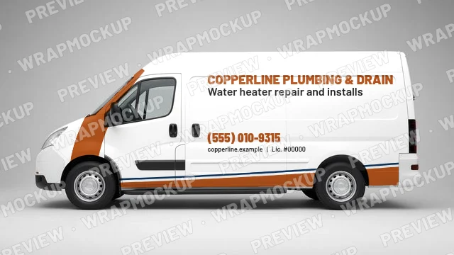 Swoosh style plumbing van wrap concept for Copperline Plumbing and Drain, a fictional company, copper swoosh on a white cargo van