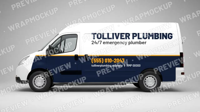 Two-tone plumbing van wrap concept for Tolliver Plumbing, a fictional company, white upper body and navy lower panels with a yellow 24/7 phone number