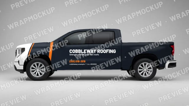 Full color roofing pickup wrap concept for Cobbleway Roofing, a fictional company, charcoal body with orange accent and white lettering