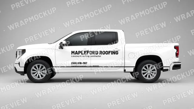Minimal roofing pickup lettering concept for Mapleford Roofing, a fictional company, black and red text on a white truck door