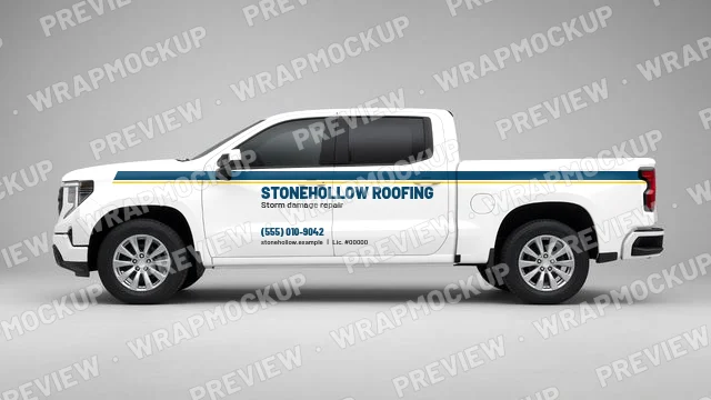 Stripe style roofing pickup wrap concept for Stonehollow Roofing, a fictional company, blue and yellow stripes with storm damage repair tagline