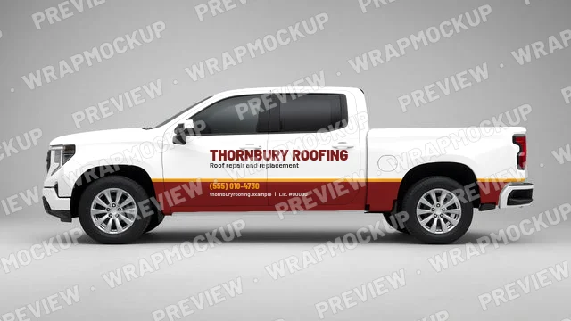 Two-tone roofing crew cab pickup wrap concept for Thornbury Roofing, a fictional company, red lower panels and gold accent on a white truck