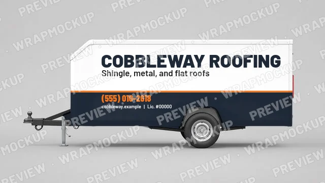 Two-tone roofing trailer wrap concept for Cobbleway Roofing, a fictional company, charcoal lower wall and orange phone number on an enclosed trailer