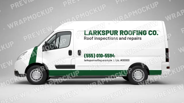 Color block roofing van wrap concept for Larkspur Roofing Co., a fictional company, green front block with roof inspections and repairs tagline
