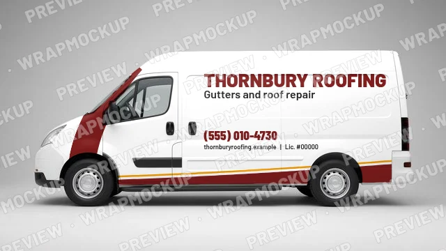 Swoosh style roofing van wrap concept for Thornbury Roofing, a fictional company, red swoosh and gold accent on a white van