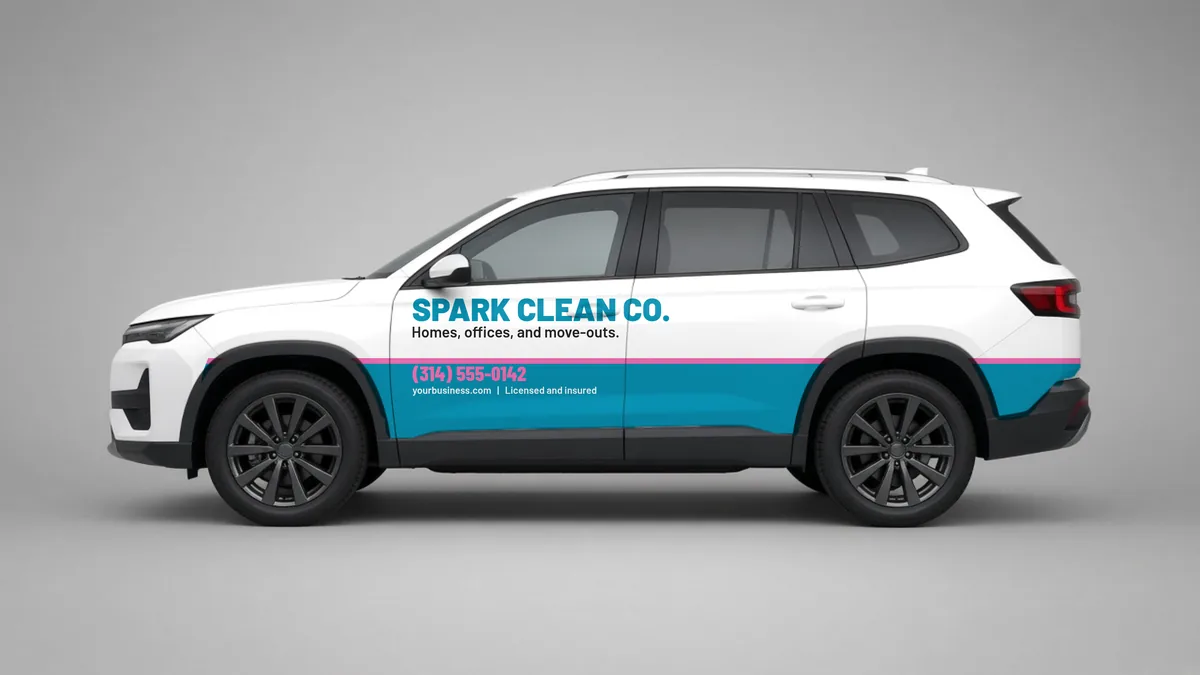 Cleaning business car wrap concept on an SUV with company name and phone on the doors