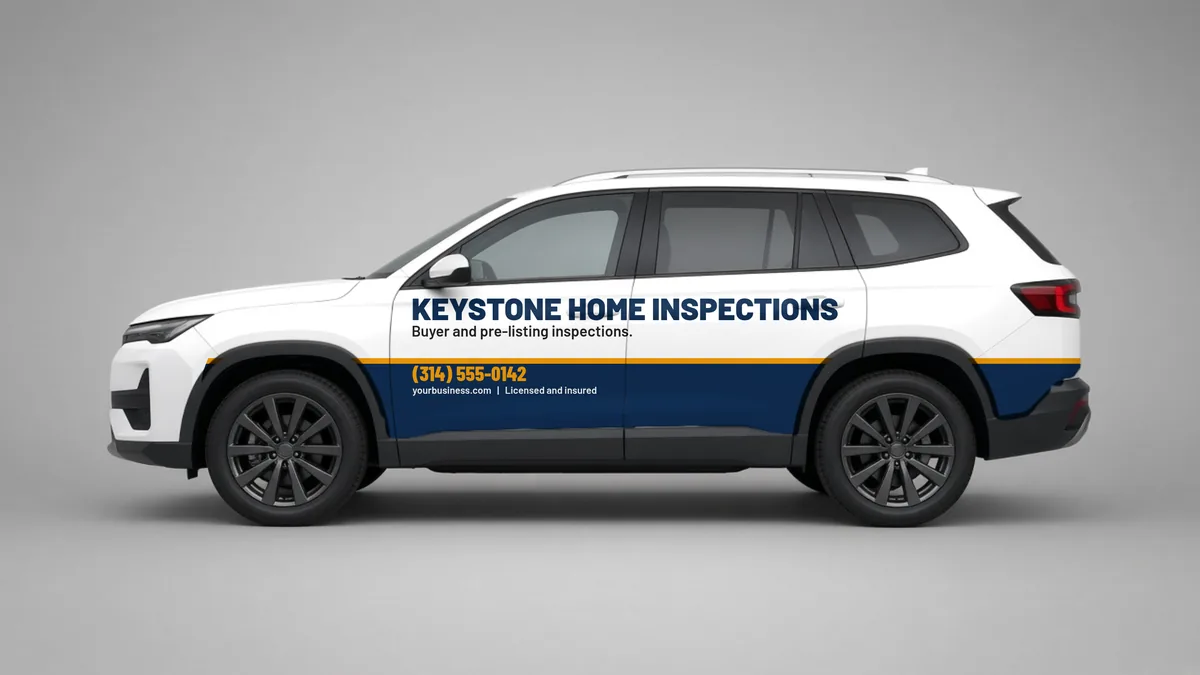 Home inspector SUV wrap concept with company name and phone on the doors
