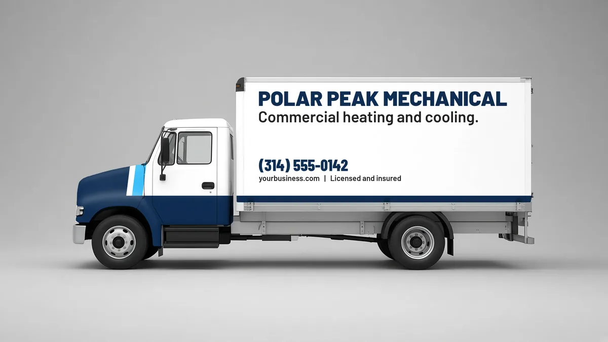 Box truck wrap mockup in the color block style for Polar Peak Mechanical, a fictional company
