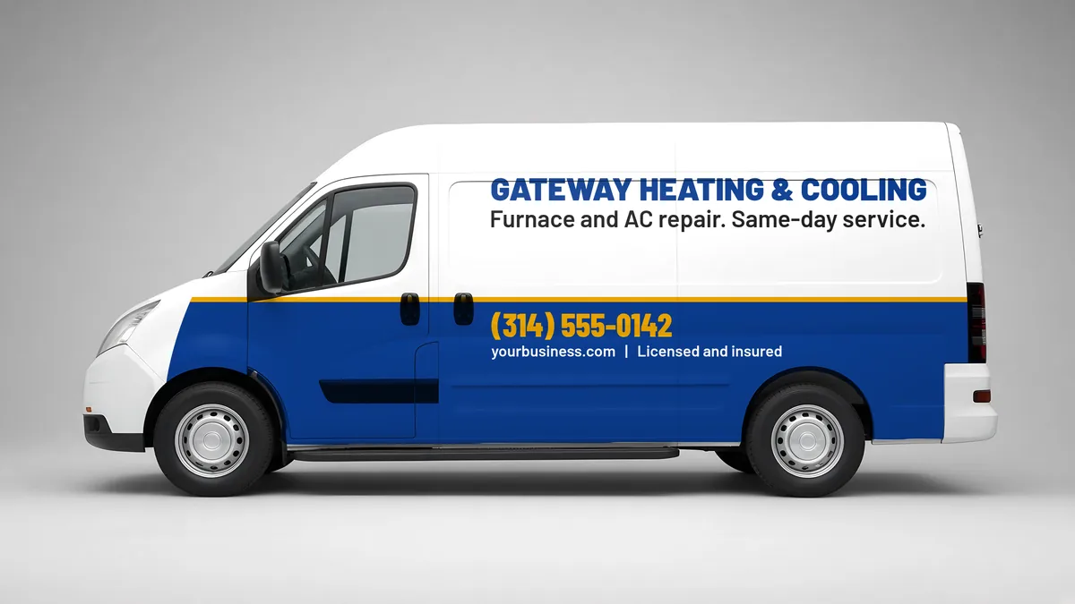 Cargo van wrap mockup in the two-tone style for Gateway Heating & Cooling, a fictional company