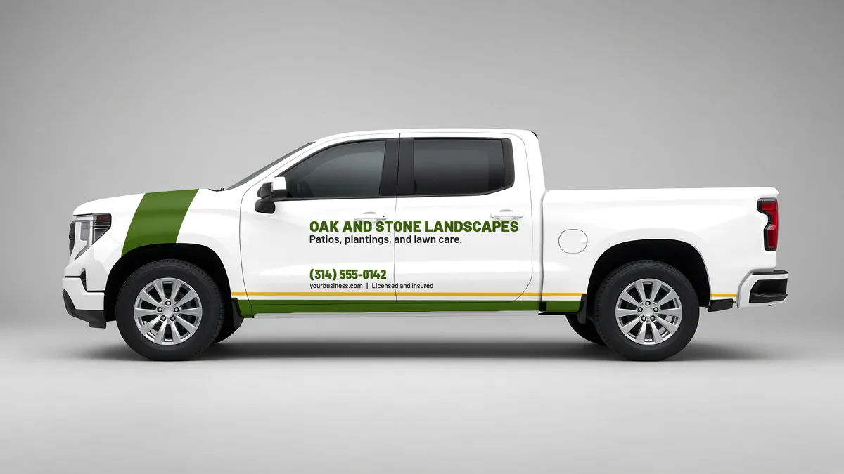 Pickup truck wrap mockup in the swoosh style for Oak and Stone Landscapes, a fictional company