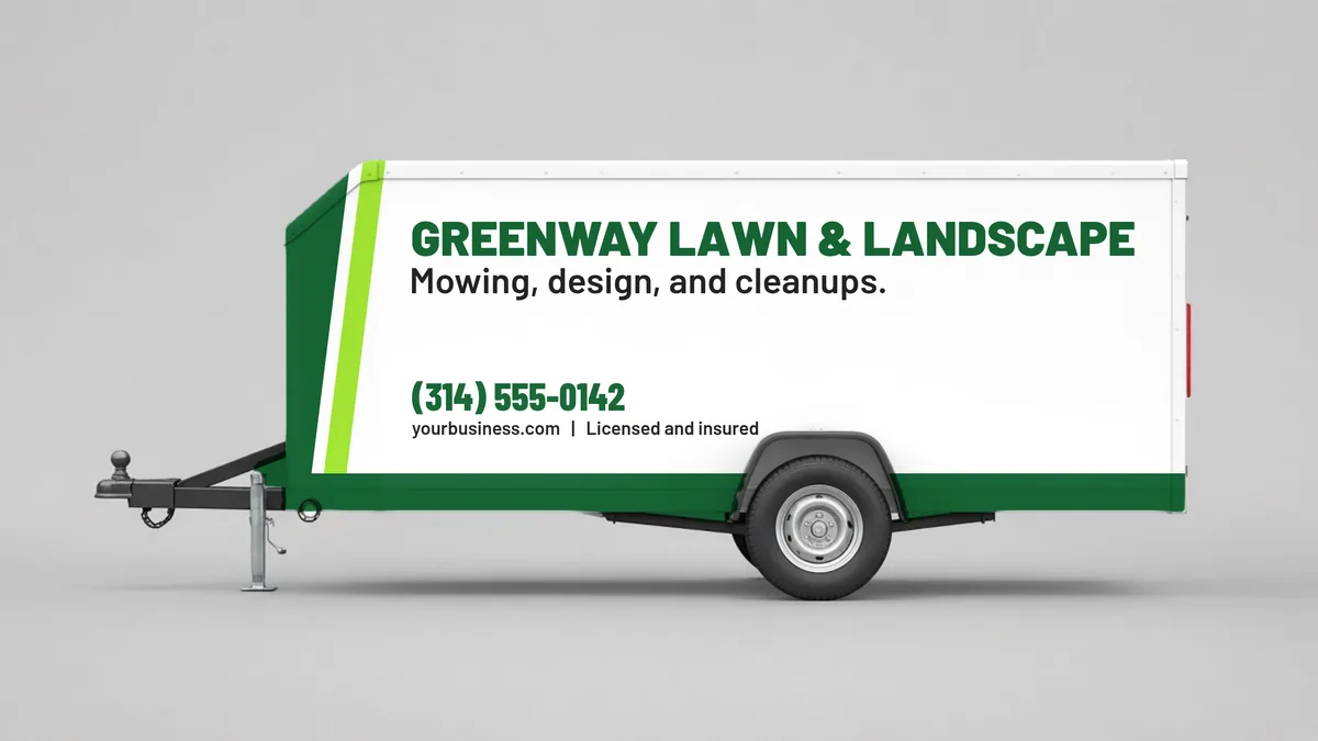Landscape trailer wrap concept with company name and phone on the side wall