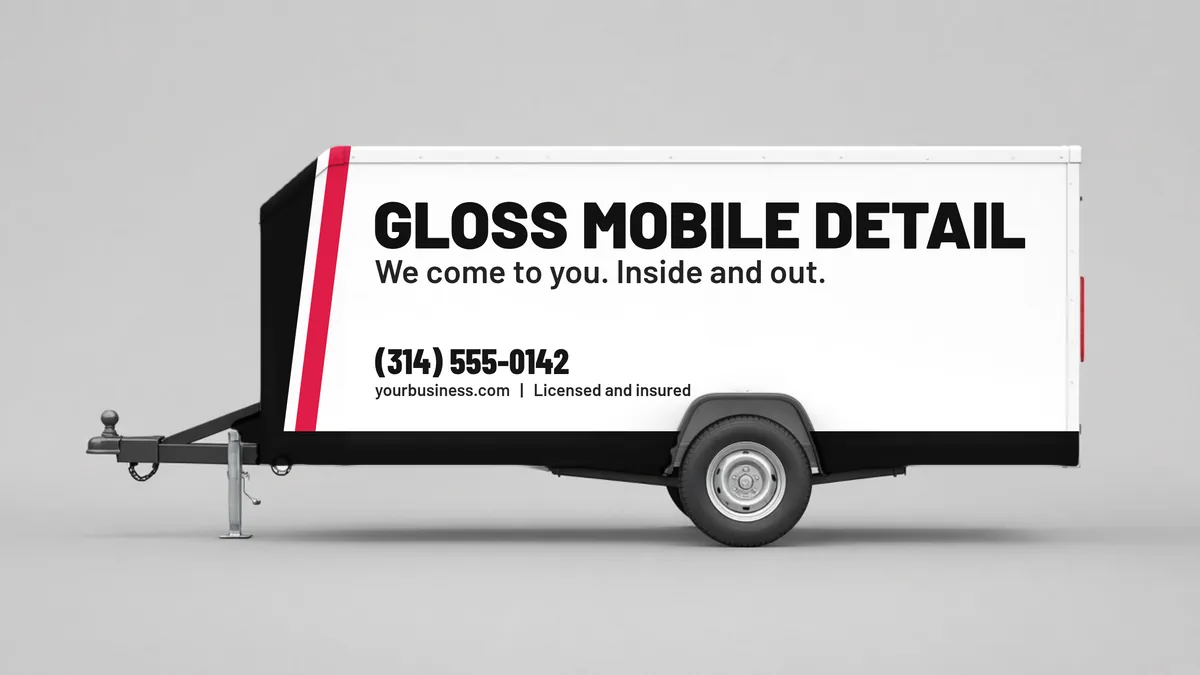 Mobile detailing trailer wrap concept with company name and phone on the side wall