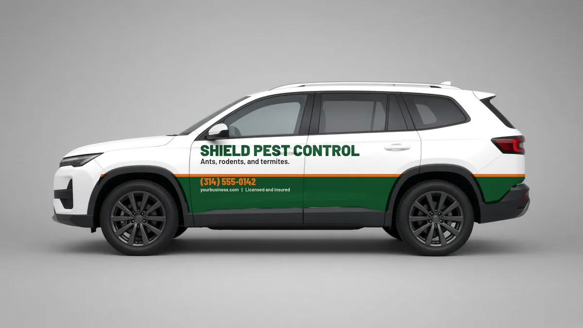 Pest control SUV wrap concept with company name and phone on the doors