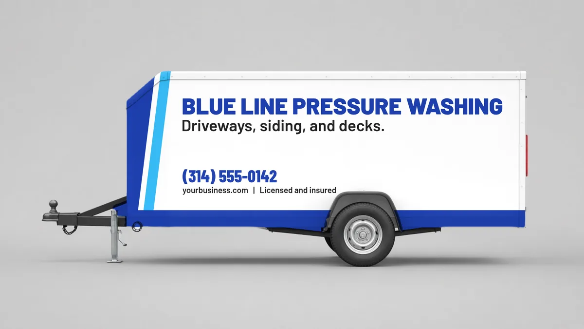Pressure washing trailer wrap concept with company name and phone on the side wall