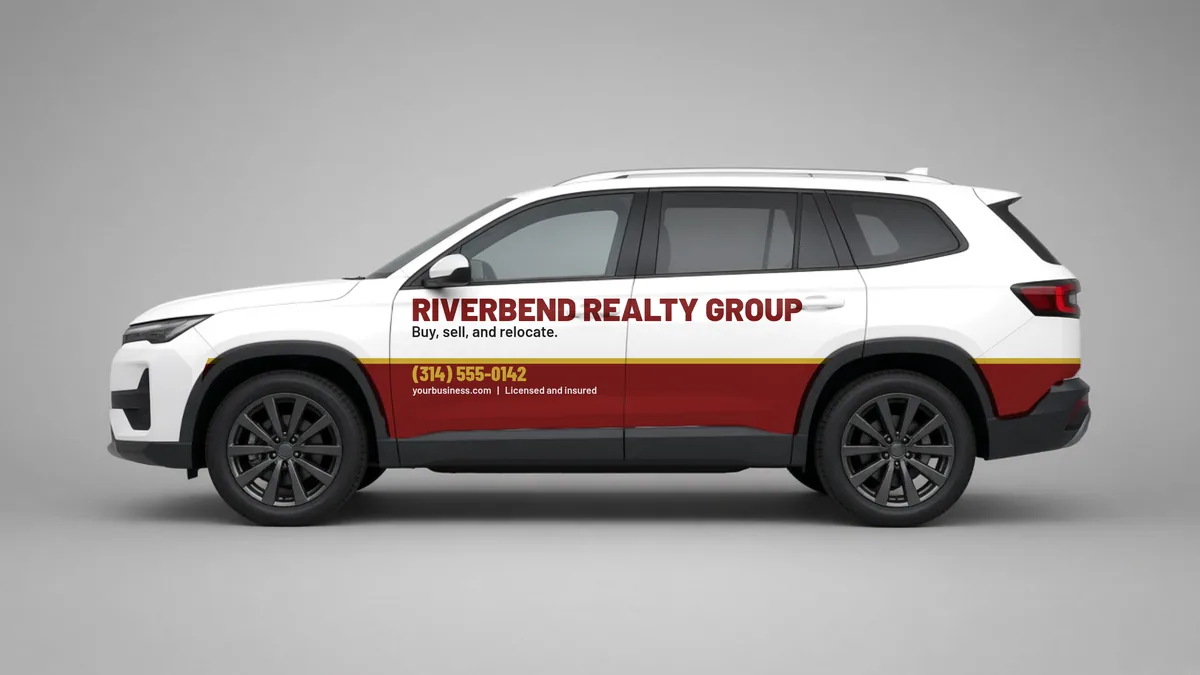 Realtor car wrap concept on an SUV with agent name and phone on the doors