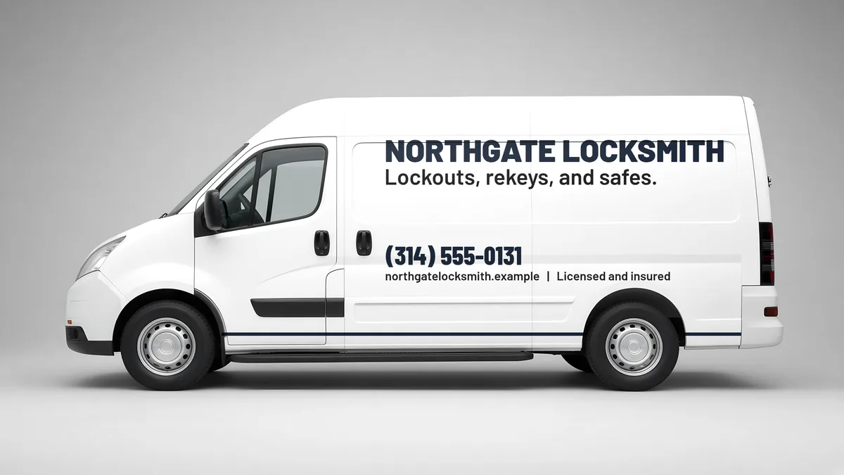 Minimal lettering cargo van layout for Northgate Locksmith, a fictional locksmith business