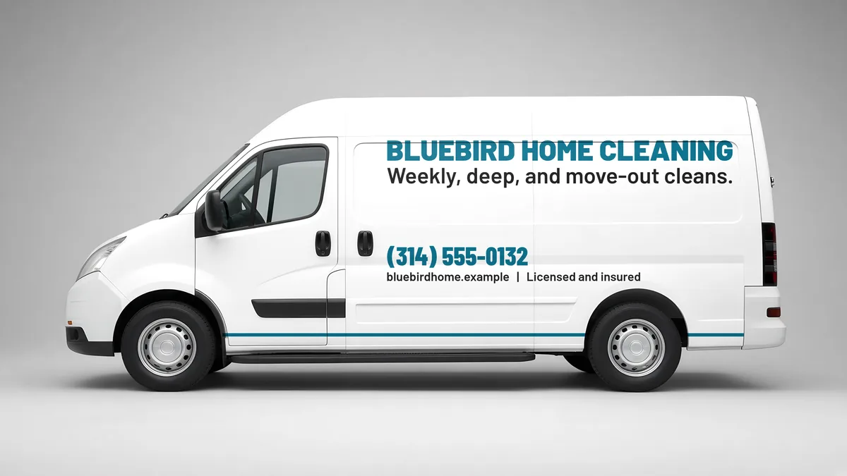 Minimal lettering cargo van layout for Bluebird Home Cleaning, a fictional house cleaning business