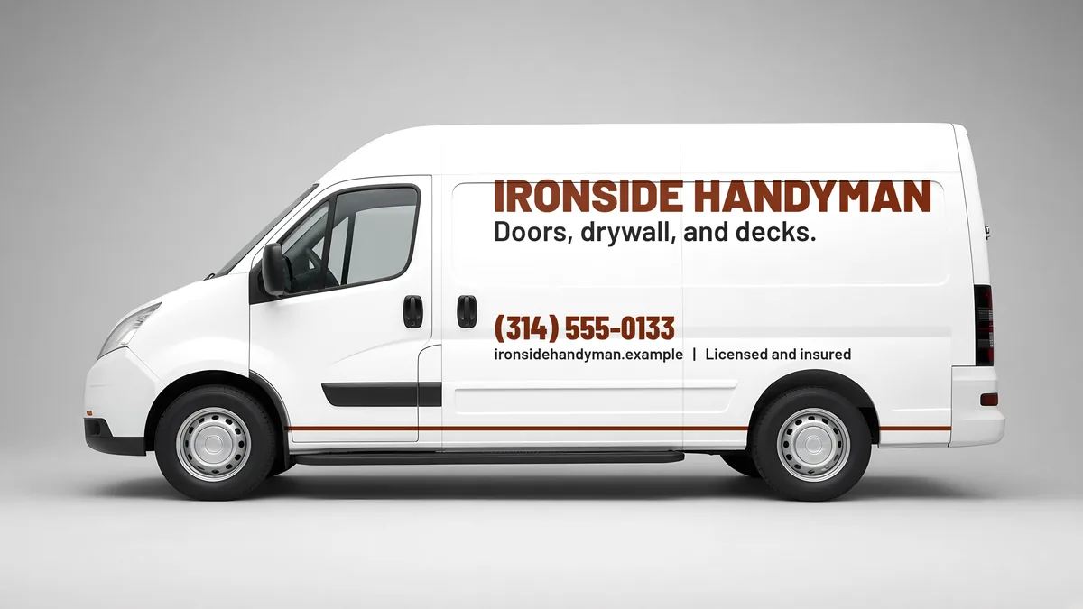 Minimal lettering cargo van layout for Ironside Handyman, a fictional handyman business