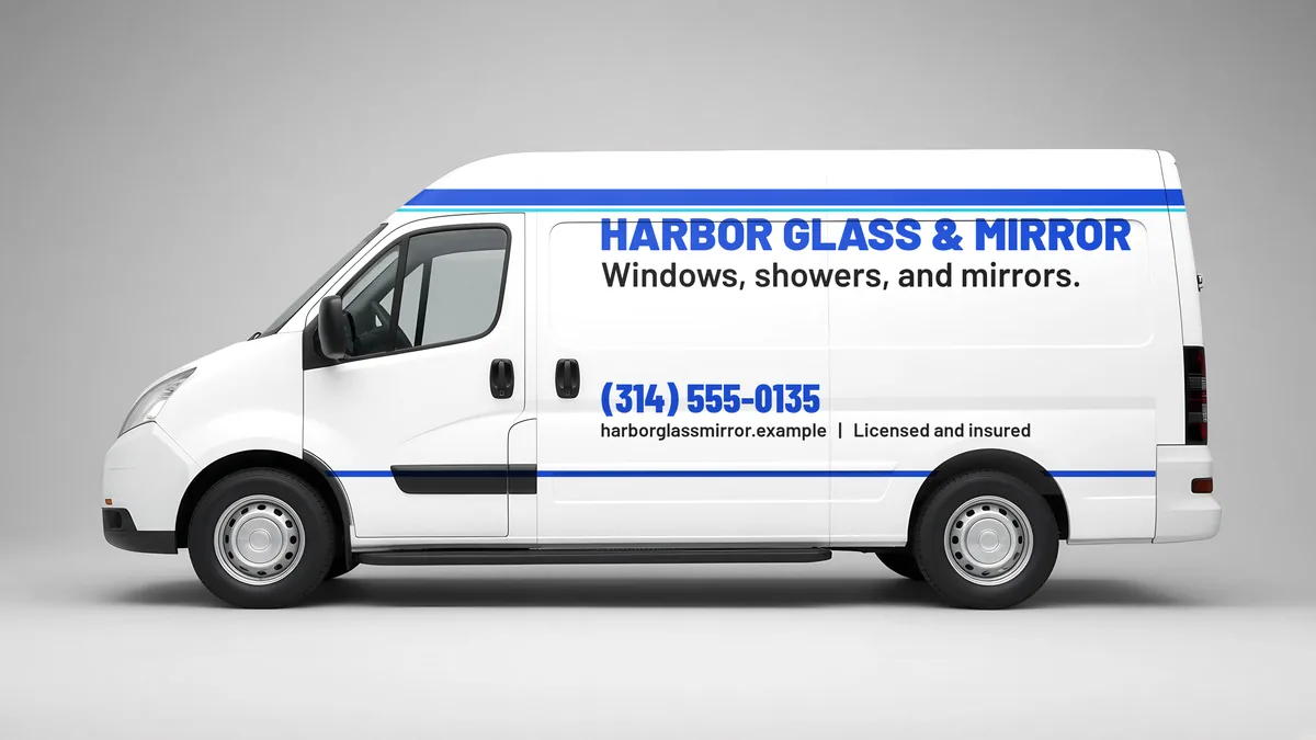 Stripe cargo van layout for Harbor Glass & Mirror, a fictional glass business