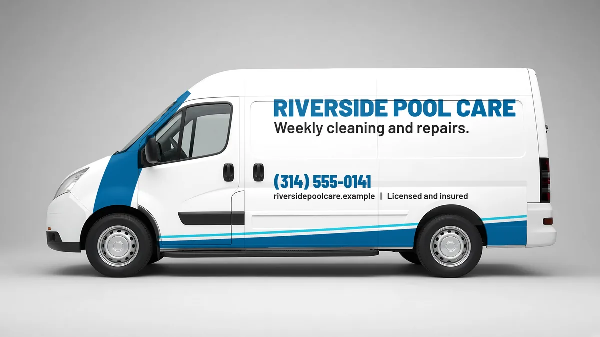 Swoosh cargo van layout for Riverside Pool Care, a fictional pool service business