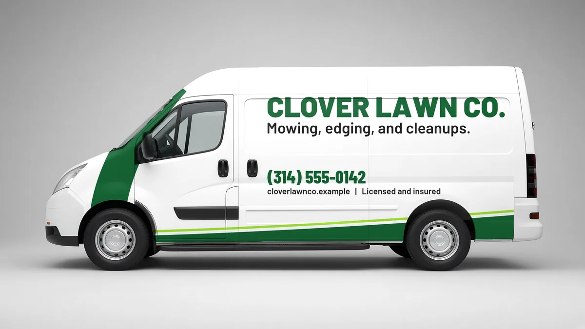 Swoosh cargo van layout for Clover Lawn Co., a fictional lawn care business